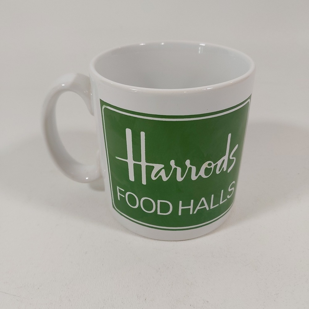 Vintage Harrods Knightsbridge Food Halls Coffee Mug 10oz Cup England Green White